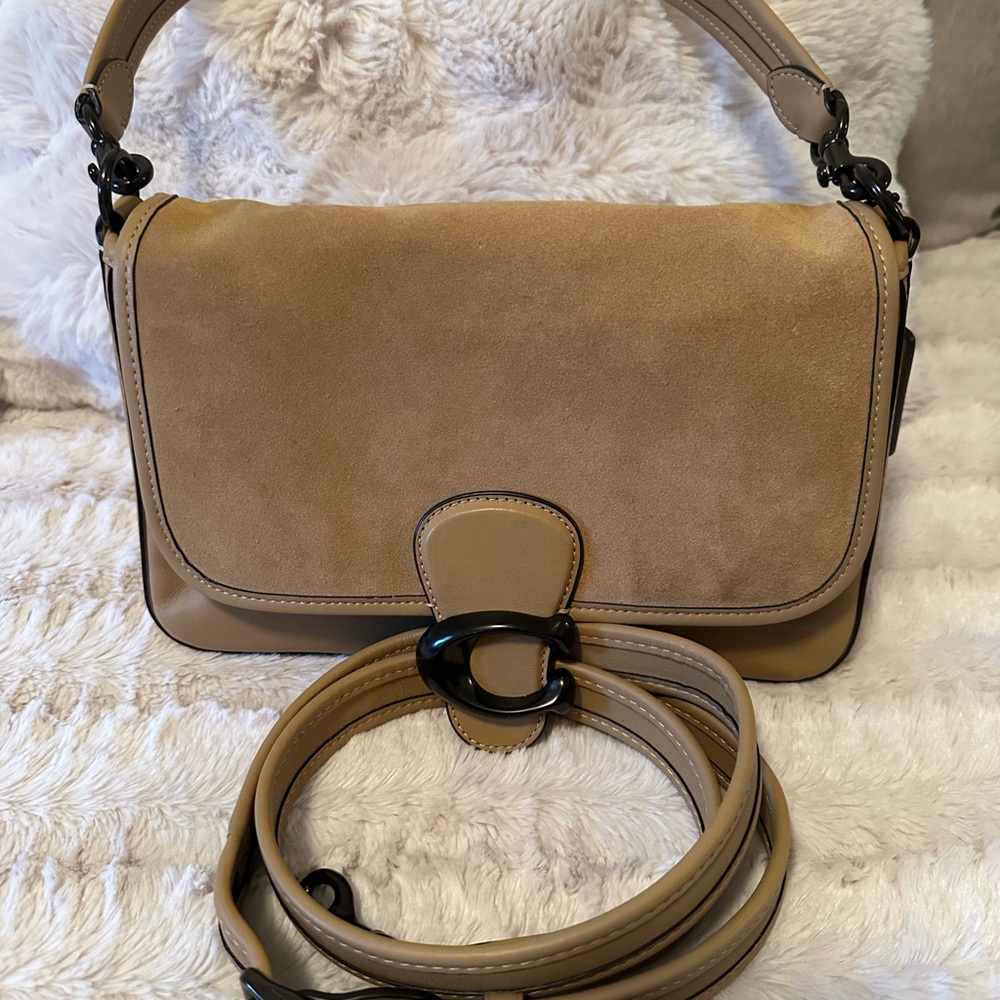 Coach Soft Tabby Suede and Leather Shoulder Bag in Tan with Black Hardware